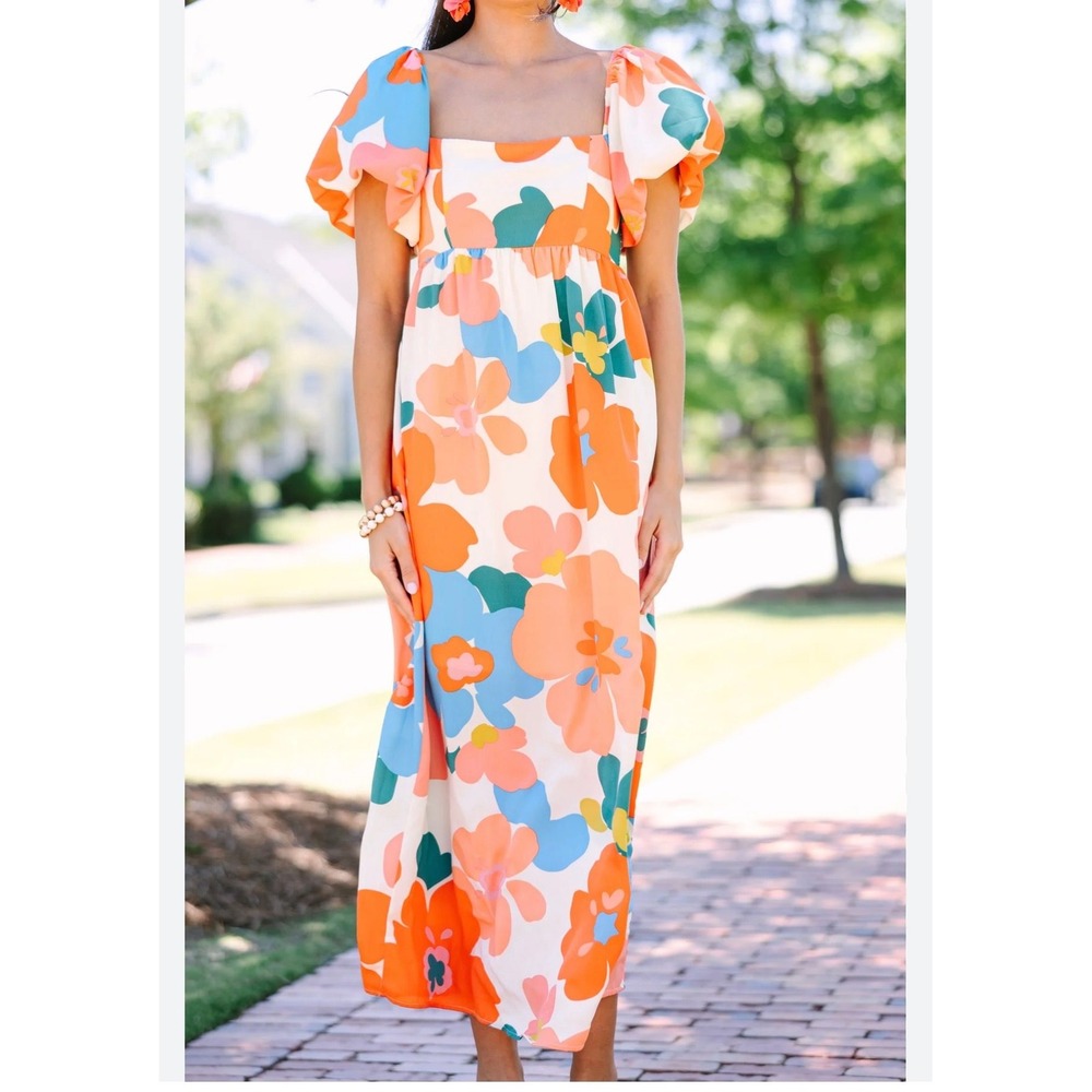 GeeGee Floral Puff‎ Sleeve Midi Dress Wedding Guest Easter Brunch Vacation Beach